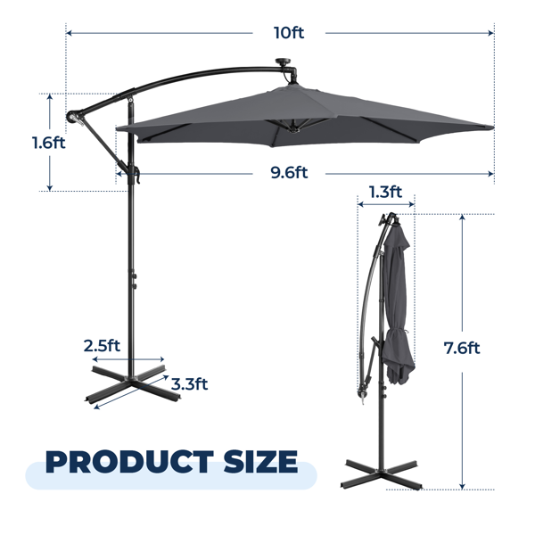 10FT Round Hanging Patio Umbrella with LED Lights & Stand - Gray
