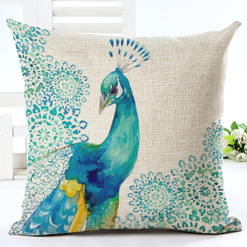 Peacock Printed Linen Cotton Pillowcase 45x45cm Home Decor