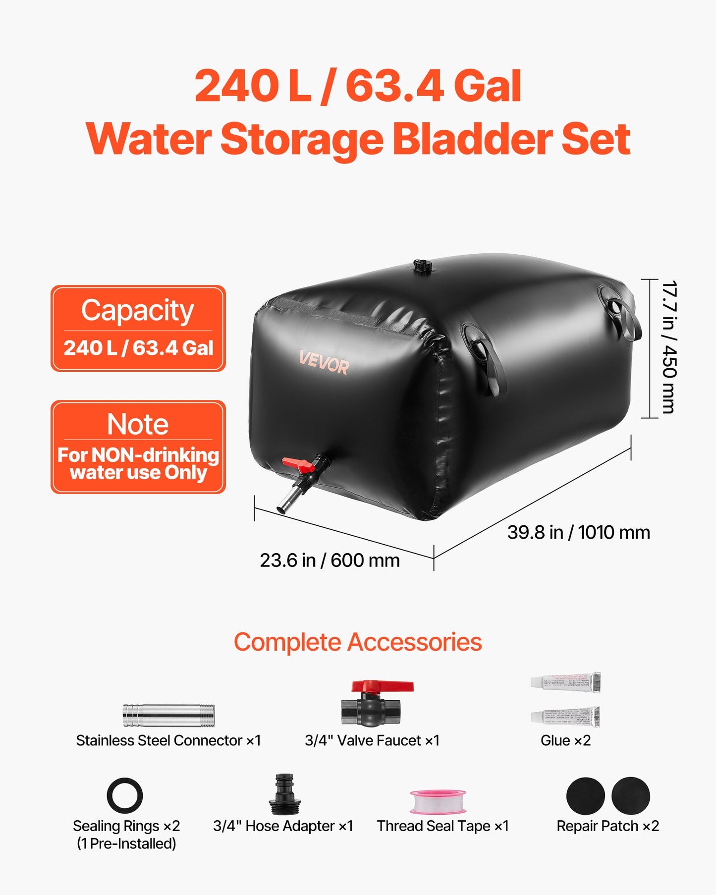 Collapsible Water Storage Bladder 63.4 Gal - Leakproof Garden & RV Tank