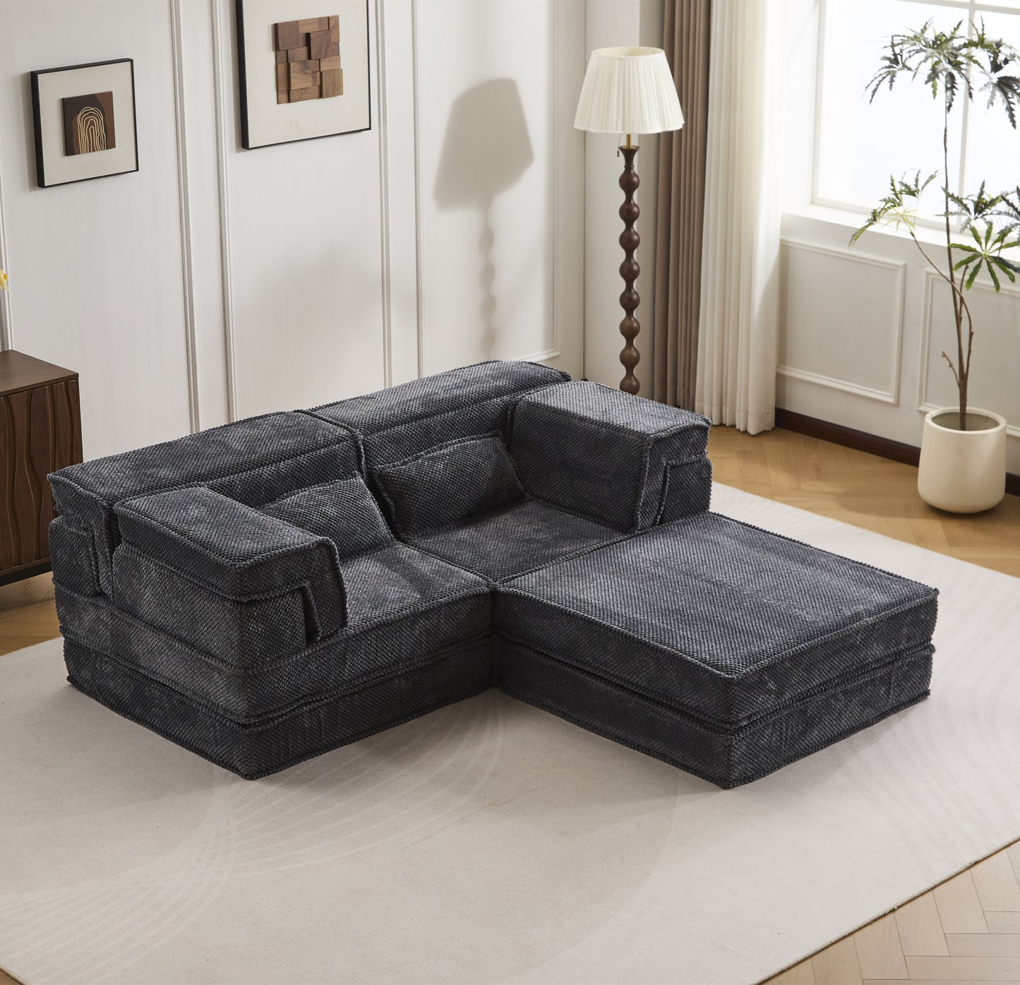 Convertible Floor Sofa Bed - Oversized 2 Seater with Ottoman - Dark Grey