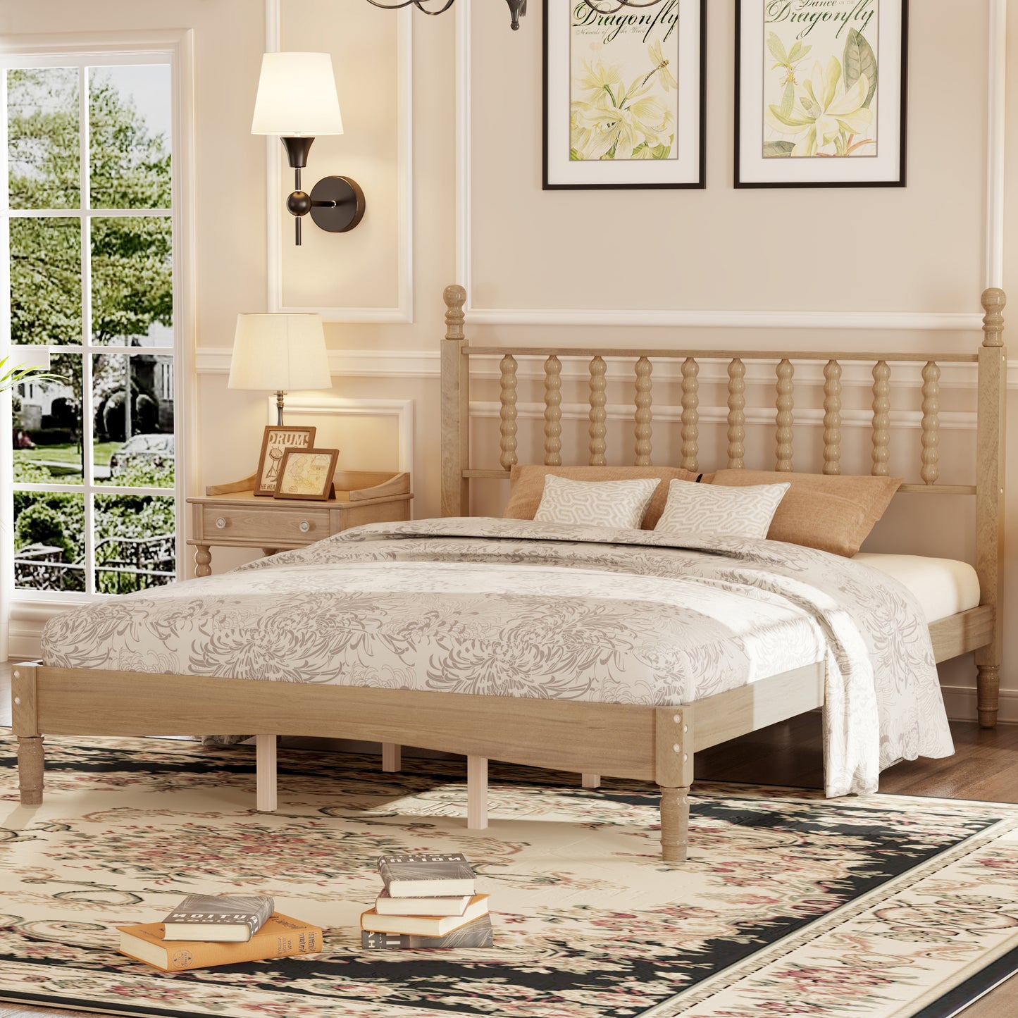 Queen Size Wood Platform Bed With Gourd Shaped Headboard,Retro Style
