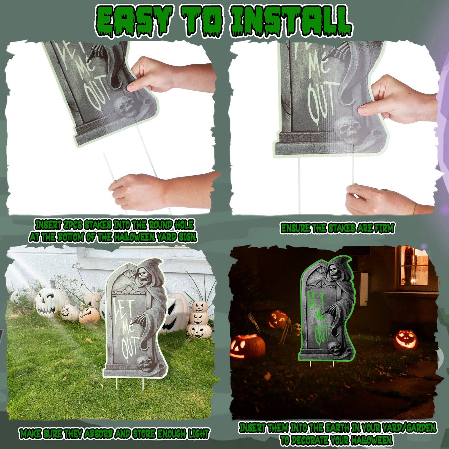 Glow In The Dark Halloween Yard Sign Set - 6 Pcs Skeleton & Cat