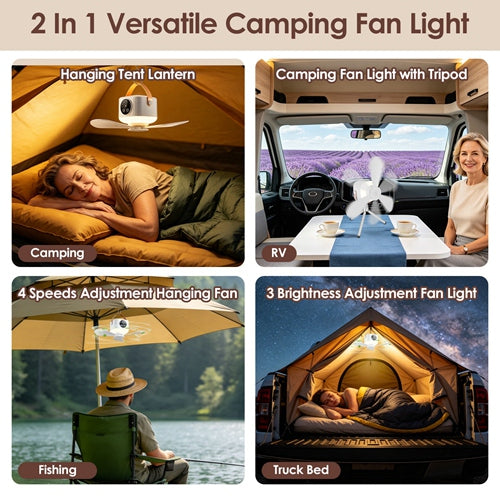Rechargeable Tent Ceiling Fan with Light & Remote, Tripod Stand, 4 Speeds