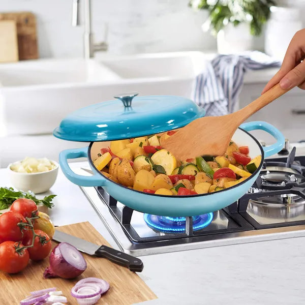 COOKWIN Cast Iron Casserole Braiser 3.8 Quart Heavy Duty Skillet With