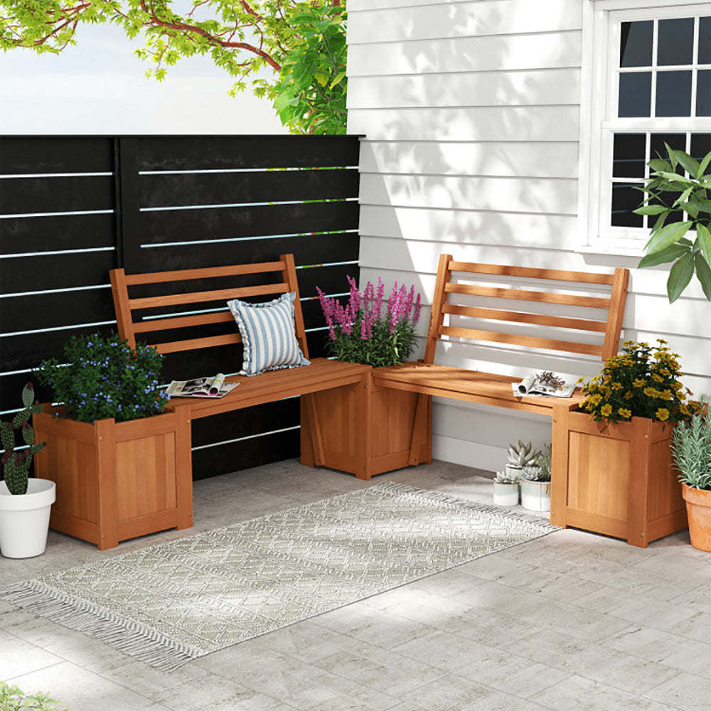 Wooden Planter Bench Set with 2 Open-ended Planter Boxes - Natural