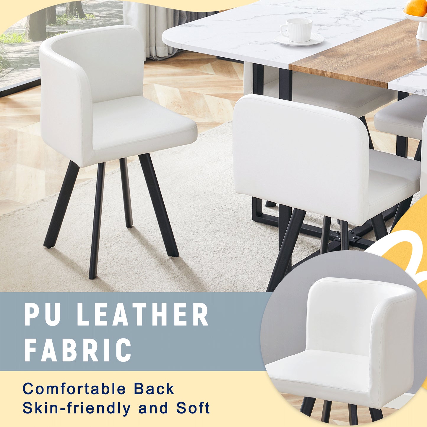 Modern White PU Material Dining Chair Set - 6 Chairs