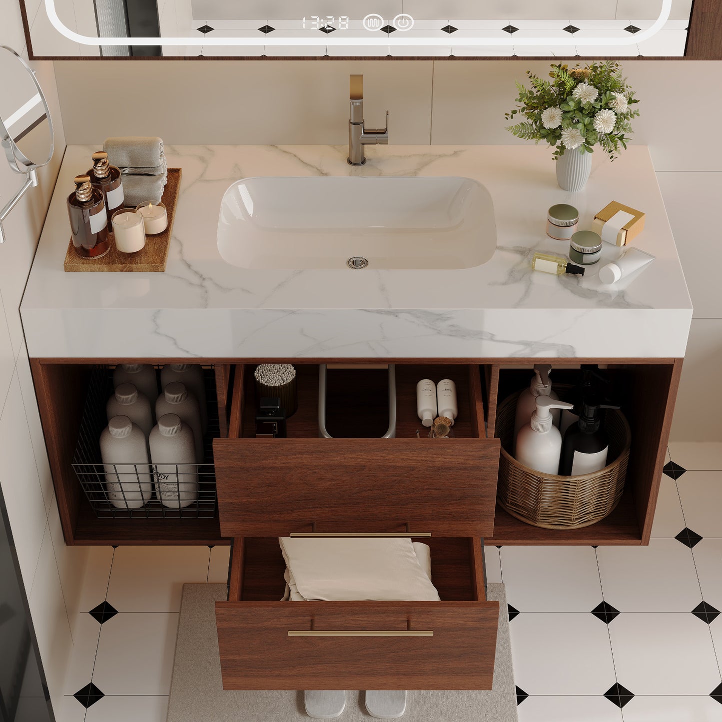 39.4" Floating Bathroom Vanity with Ceramic Sink & 2 Drawers - Walnut/White