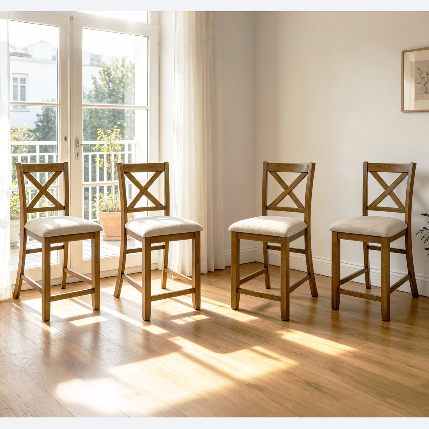 Set of 4 Wooden Counter Height Dining Chairs - Oak