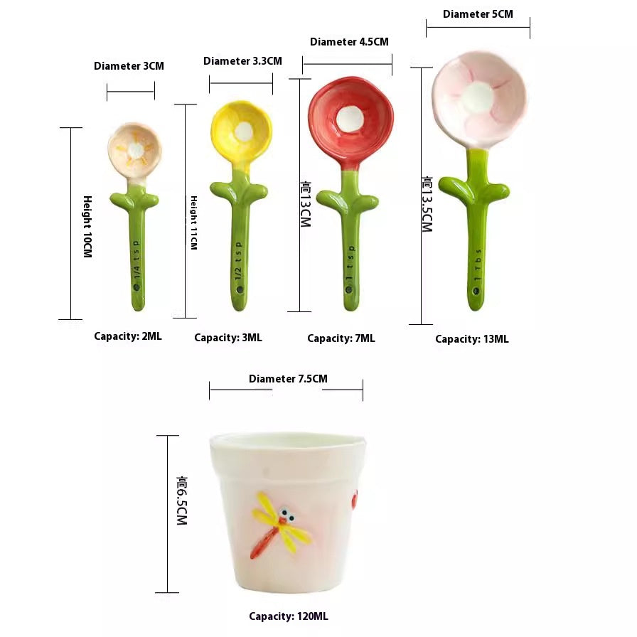 Ceramic Flower Spoon Set with Blue and Pink Bases - Modern Kitchen Utensils