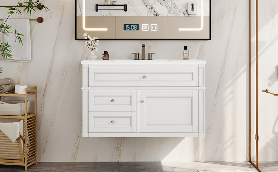 36-inch Wall Mounted Bathroom Vanity with Ceramic Sink & Drawers