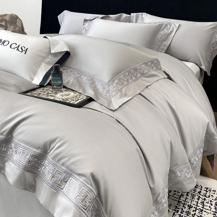 Double-Ply Cotton Bedding Set with Embroidered Geometric Pattern - Four Pieces