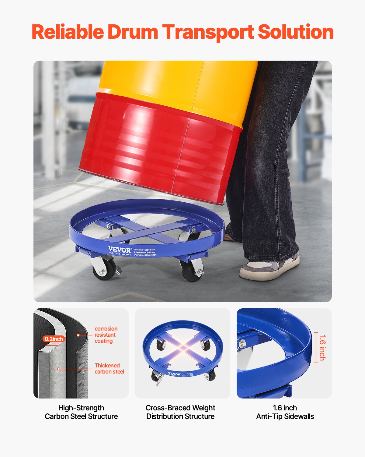 Heavy Duty 55 Gallon Drum Dolly Cart - 2000 lbs Capacity with 4 Swivel Casters, Blue