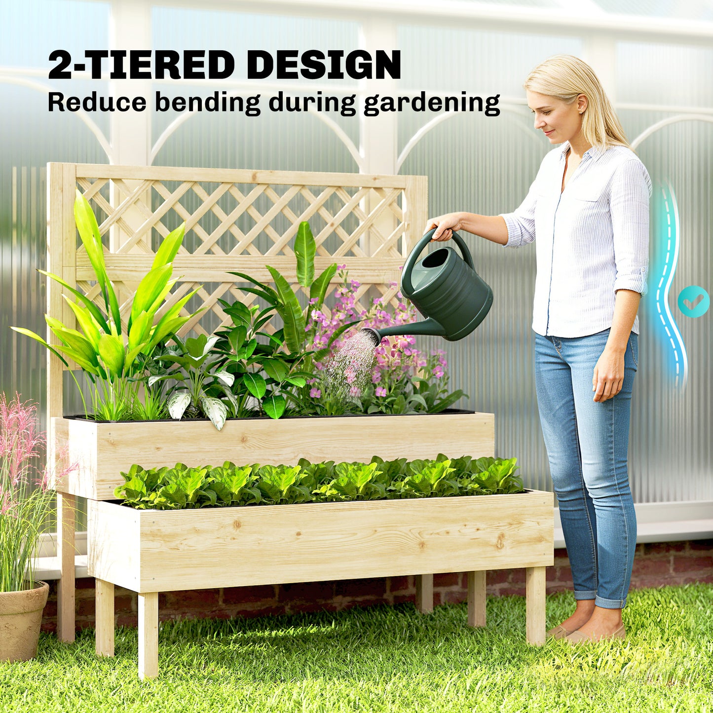 Raised Garden Bed with Trellis - 2-Tier Elevated Planter Box for Climbing Plants - Natural Wood Finish, 1200x370x200 mm