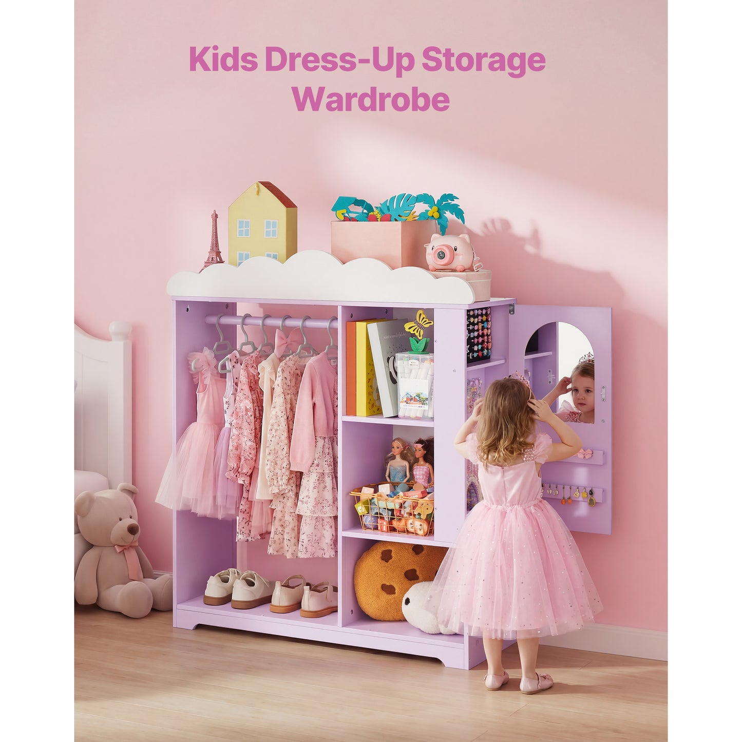 Kids Dress Up Storage Closet with Jewelry Cabinet & Mirror - Princess Wardrobe Organizer