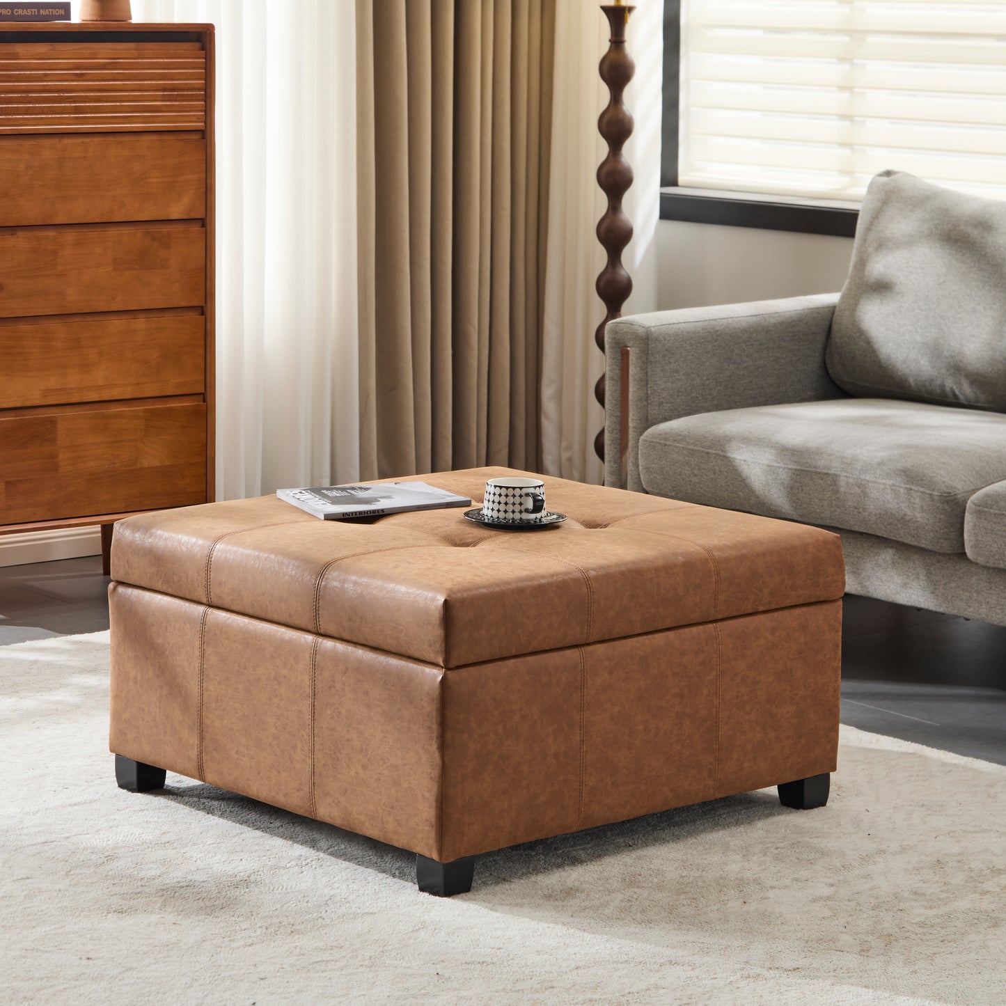 35" Brown Faux Leather Storage Ottoman with Lift-Top