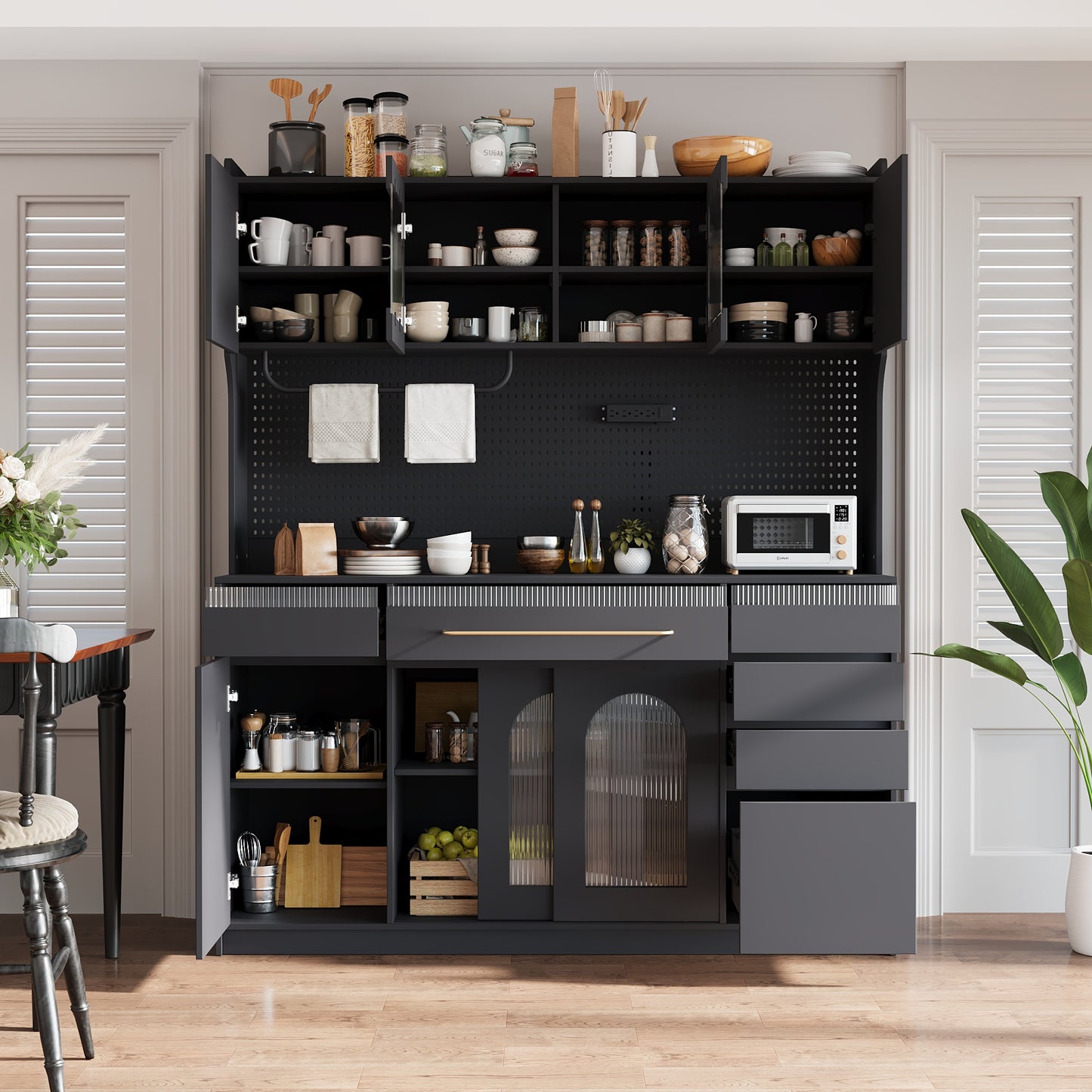 Freestanding 63" Buffet with Hutch - Large Coffee Bar Cabinet, Black
