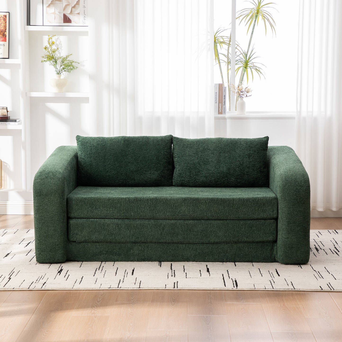 71" Convertible Chenille Loveseat Sofa Bed with Pillows - Green