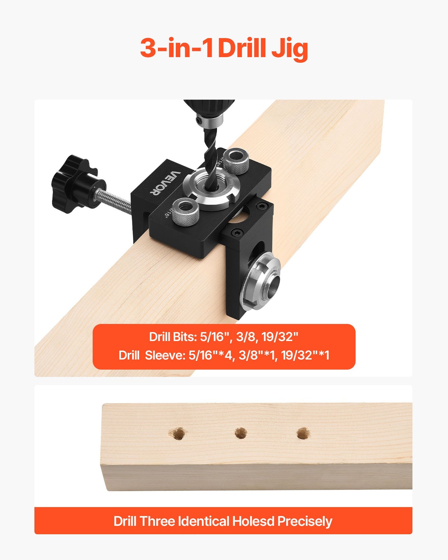 Woodworking Dowel Jig Kit with 3 Drill Bits - Self-Centering Aluminum Guide