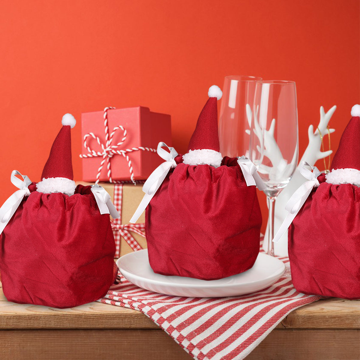 Christmas Treat Bags - 5 Packs Red & White Velvet Gift Wrap