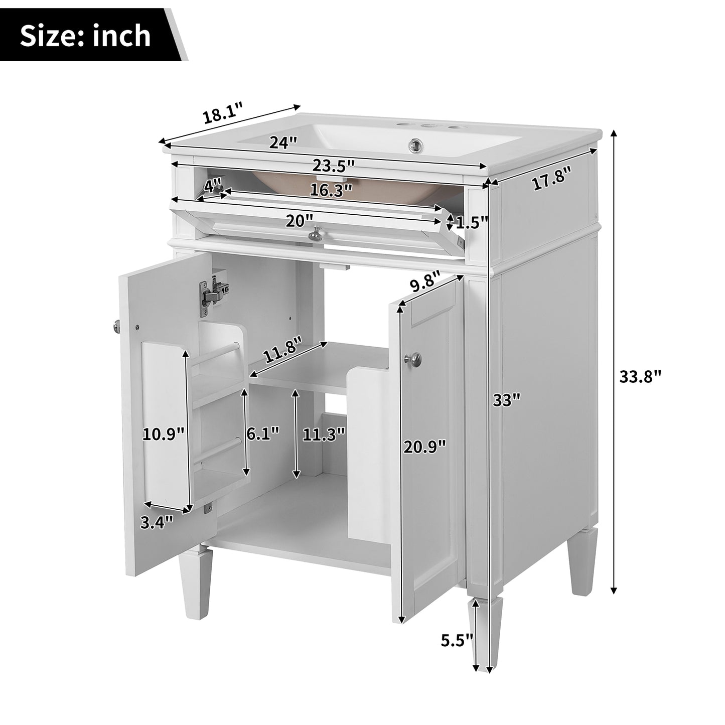 24" Bathroom Vanity with Sink, Soft-Close Doors & Storage