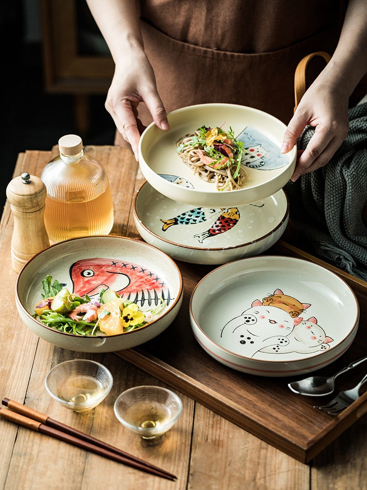 Ceramic Cat Plate Set - Deep Round Dinnerware for Home & Gift