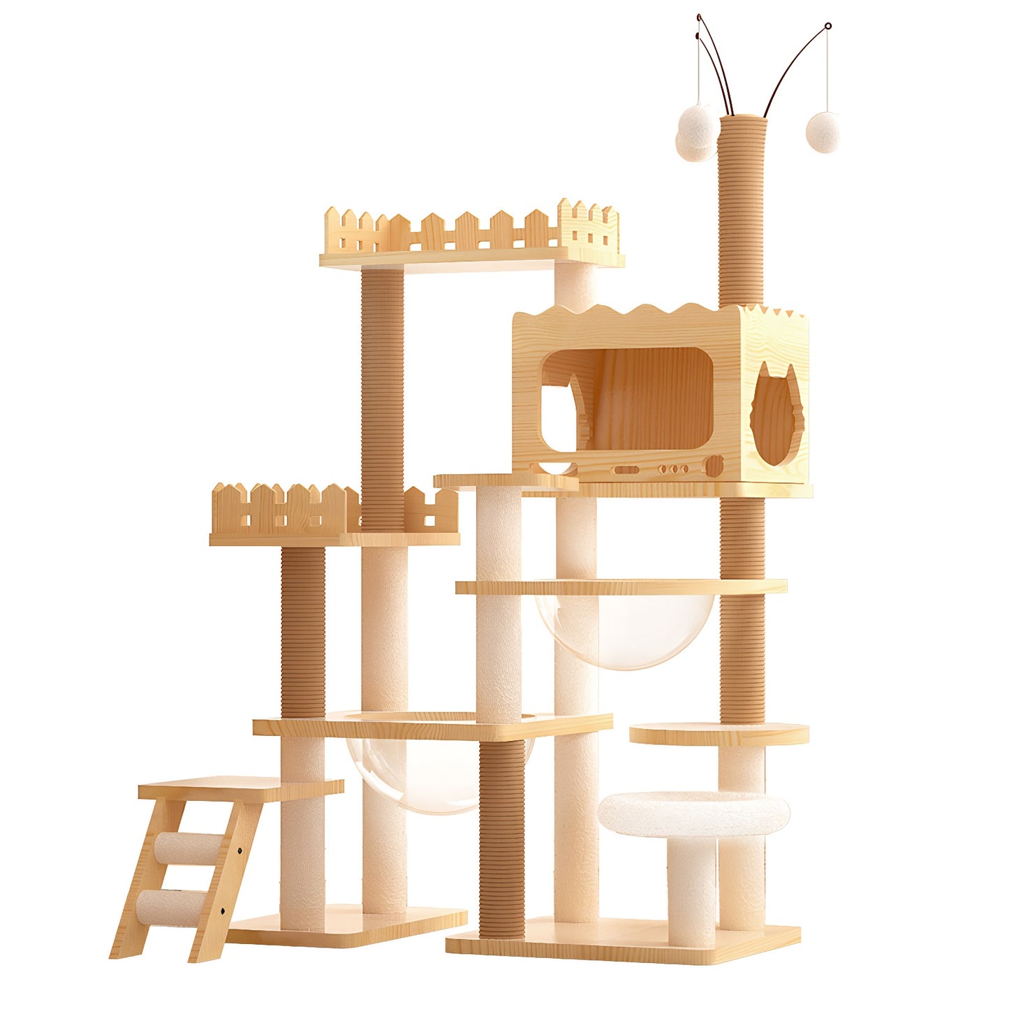 66.9-Inch Modern Wooden Cat Tree Tower with Sisal Posts & Acrylic Hammock