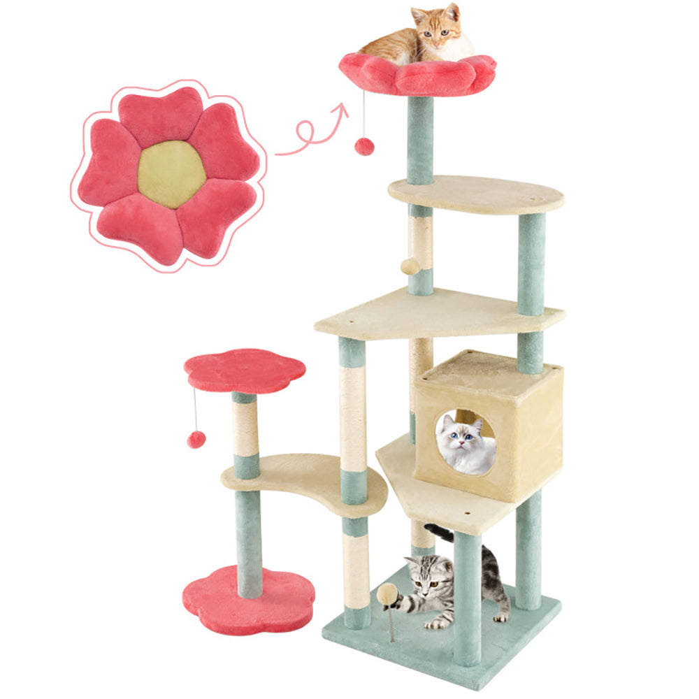 Multi-Level Cat Tree Tower with Flower-Shaped Perch and Scratching Posts - 61 Inch