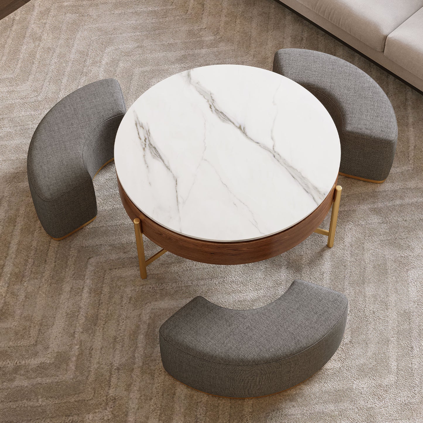 Modern Lift-Top Round Coffee Table with Hidden Storage & 3 Ottomans