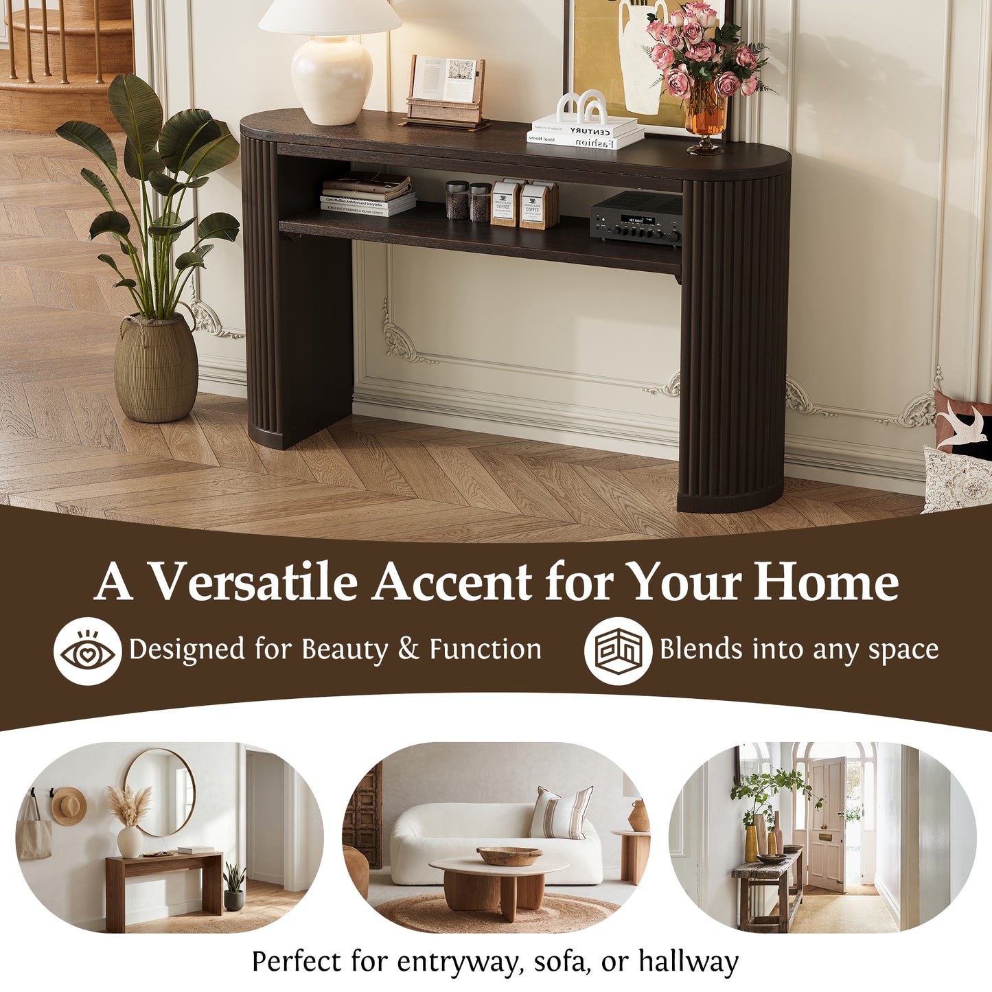 Rustic Console Table with Fluted Legs - Vintage Farmhouse Accent Table, Ash Veneer Top, Open Shelf - Espresso