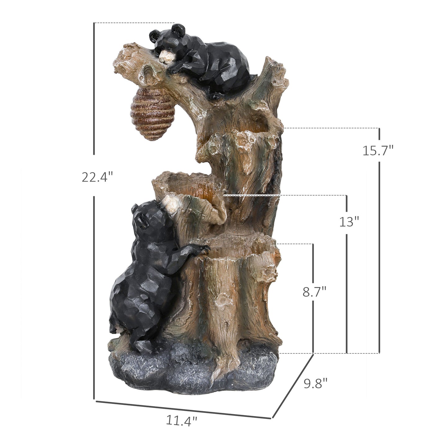 3-Tier Outdoor Fountain with LED Lights - Bear & Beehive Design