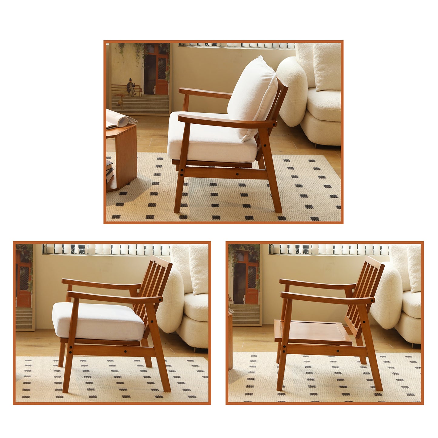 Accent Chair with Solid Wood Frame - White Fabric Cushion