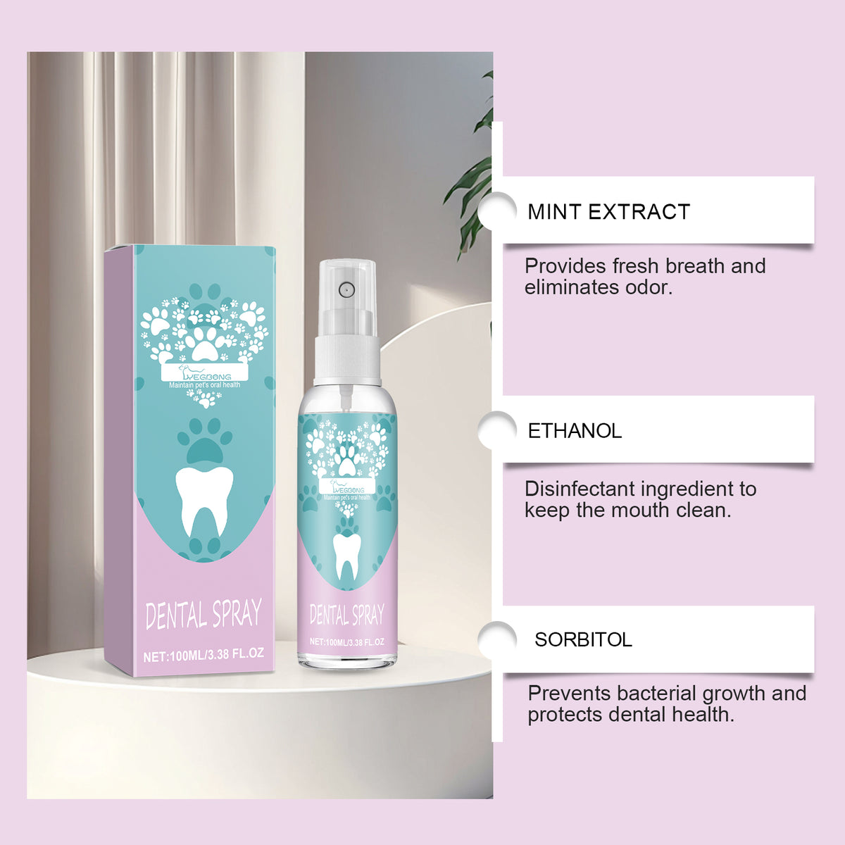 Pet Oral Care Spray for Dogs & Cats - No Brushing Needed, Fresh Breath & Whitening 100ml