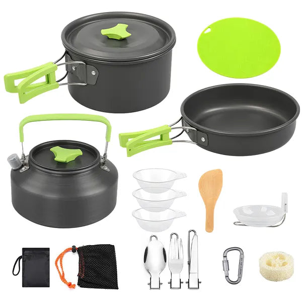 16-Piece Camping Cookware Set - Aluminum Kettle, Utensils & More