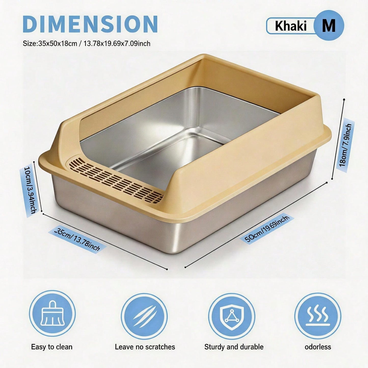 Stainless Steel Cat Litter Box Large Open Top Anti Splash & Odor Resistant
