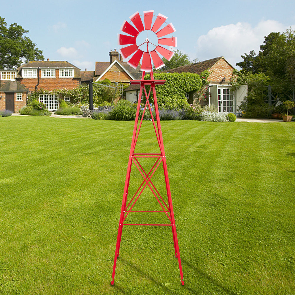 8FT Weather Resistant Garden Windmill with Steel Frame - Red Decorative Windmill for Lawn & Yard