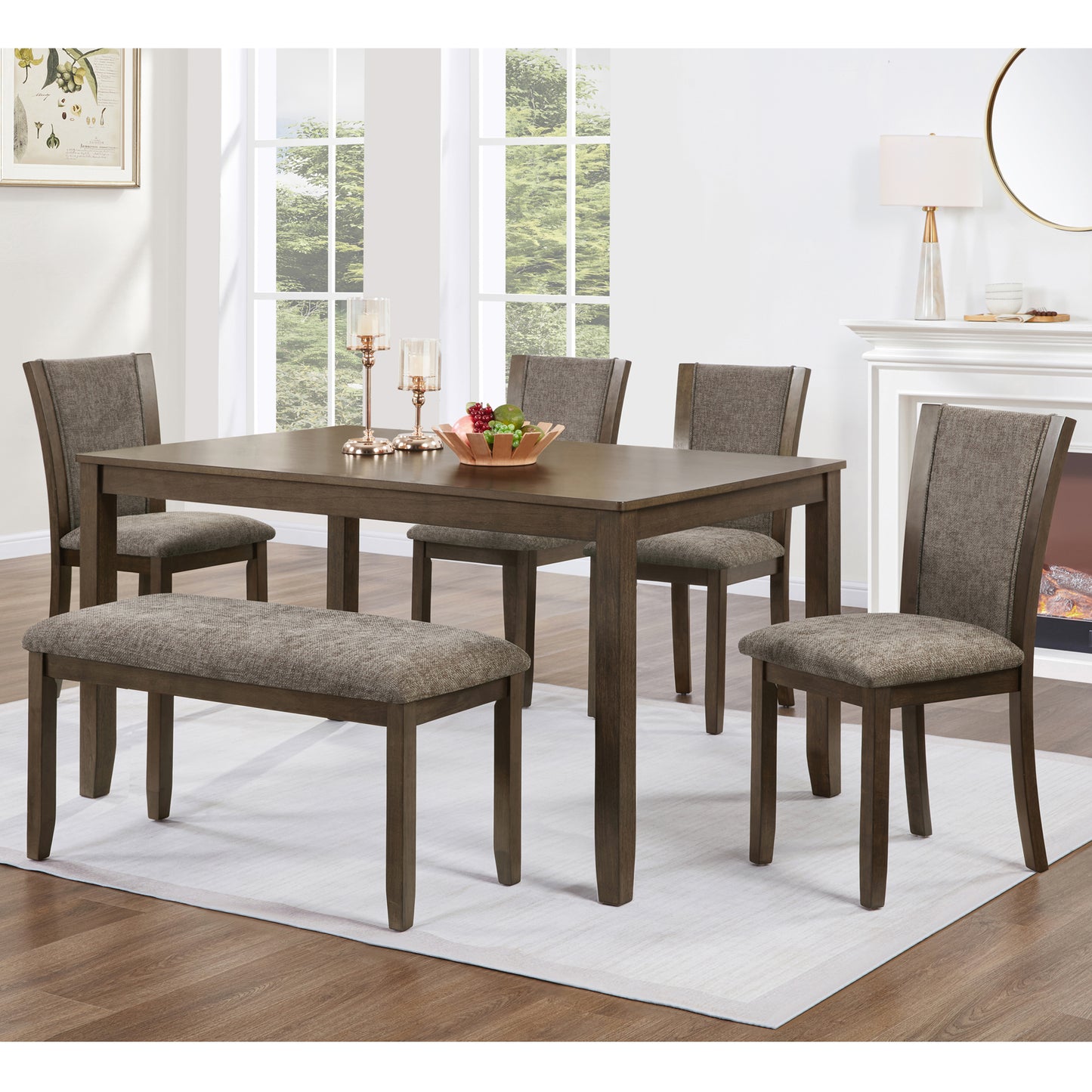 6-Piece Wooden Dining Table Set with Bench and Chairs - Dark Walnut