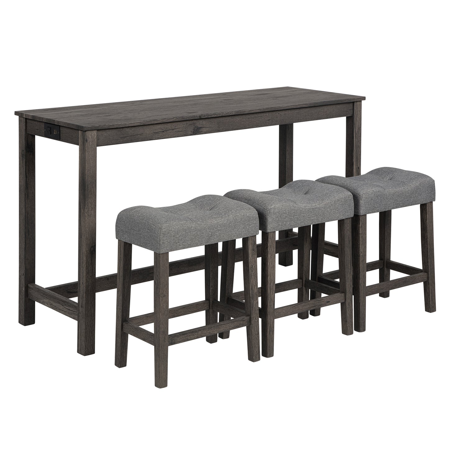 Bar Table Set with Power Outlet & 3 Padded Stools - Dark Gray