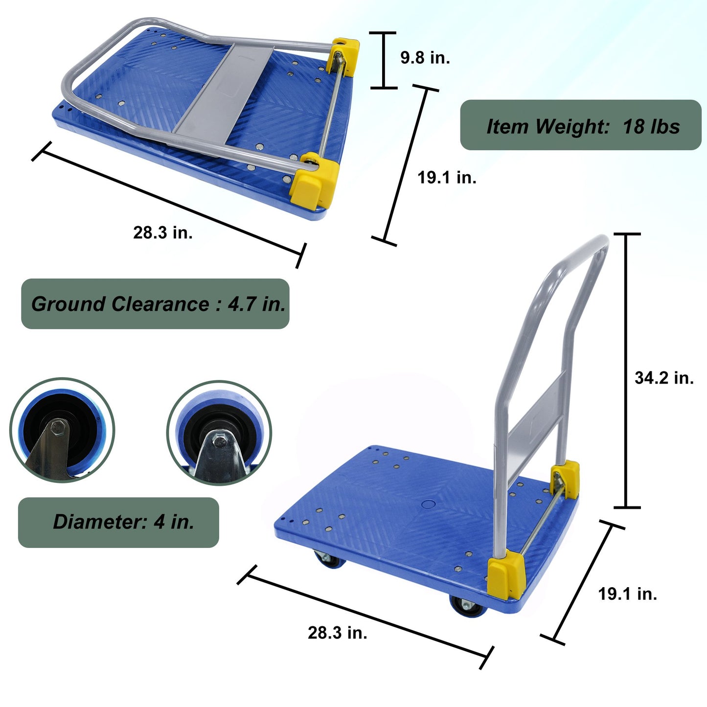 Foldable Platform Push Hand Truck Cart - 440 Lbs Capacity, Blue