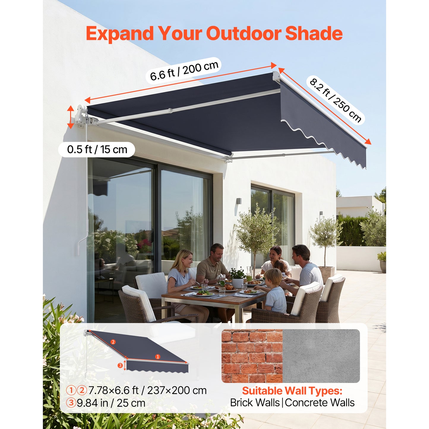 Retractable Outdoor Patio Awning 8.2'x6.6' Water-Resistant Sun Shade with Crank Gray