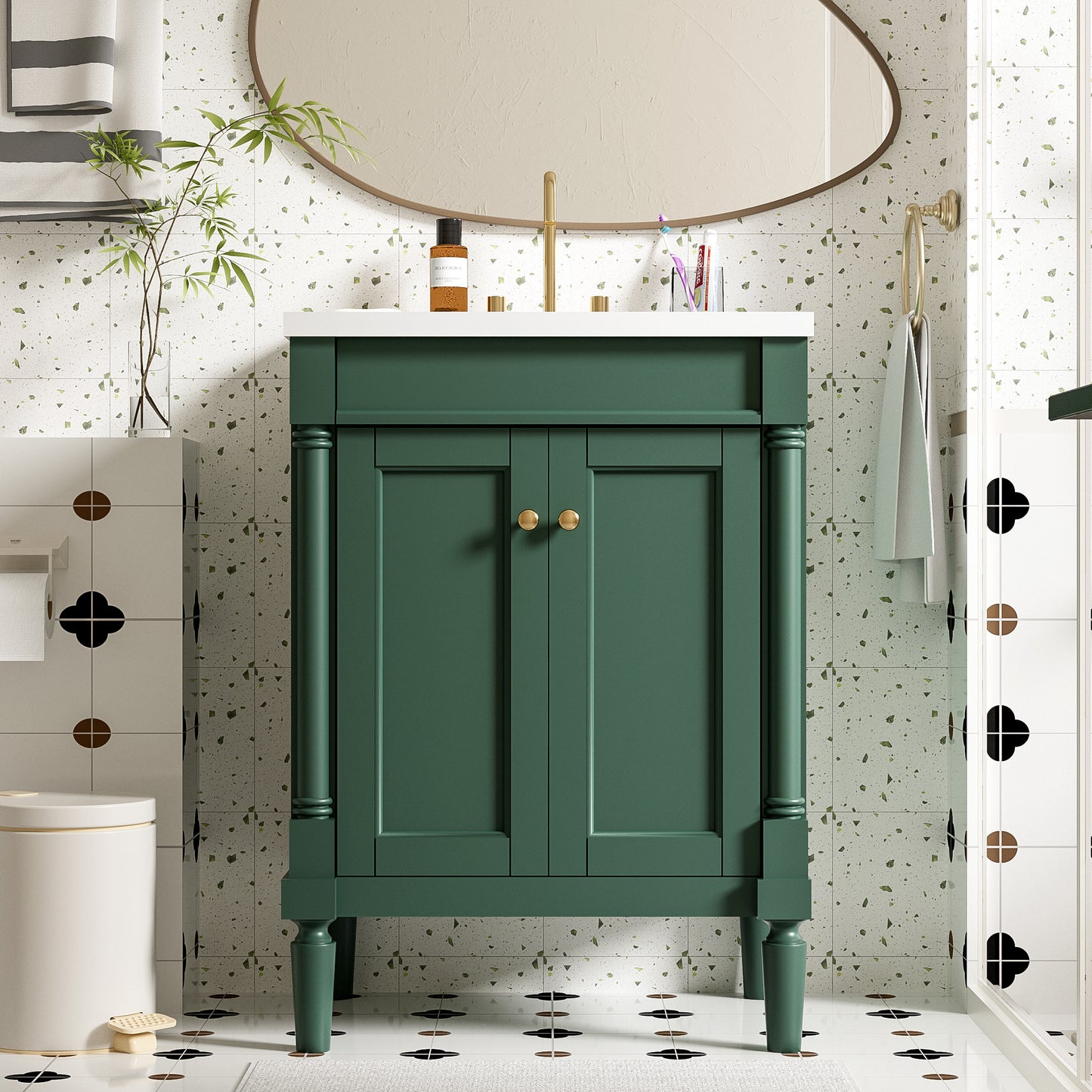 24-Inch Green Bathroom Vanity with Ceramic Sink & Storage