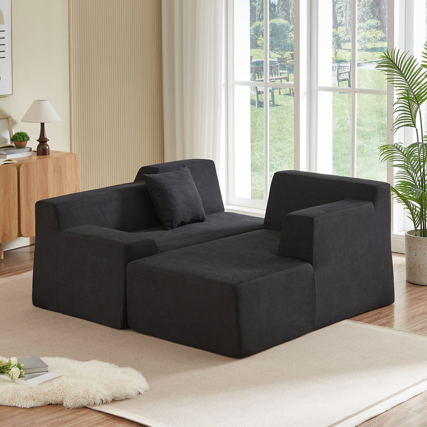 L-Shaped Modern Minimalist Corduroy Sofa - Black