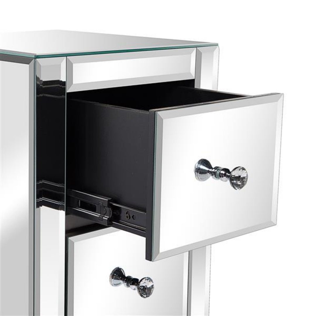 Mirrored Glass Bedside Table with 3 Drawers - Silver