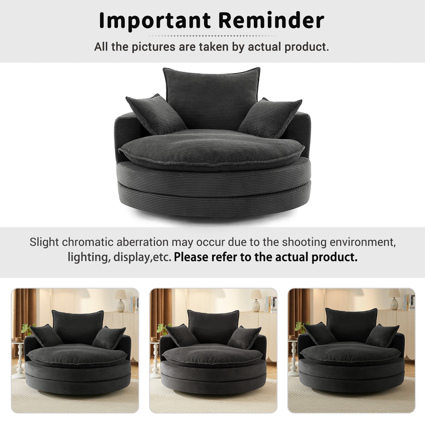 Oversized 360° Swivel Chair with Dual-Layer Cushions - Black