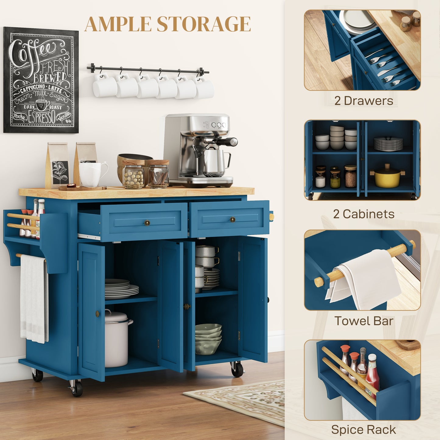 Rolling Kitchen Island Cart with Rubberwood Top & Storage - Turquoise