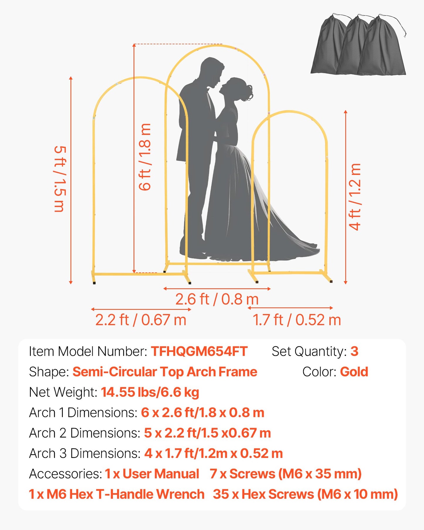 Gold Metal Arch Backdrop Stand Set of 3 for Weddings & Events | Easy Assembly, Stable Structure
