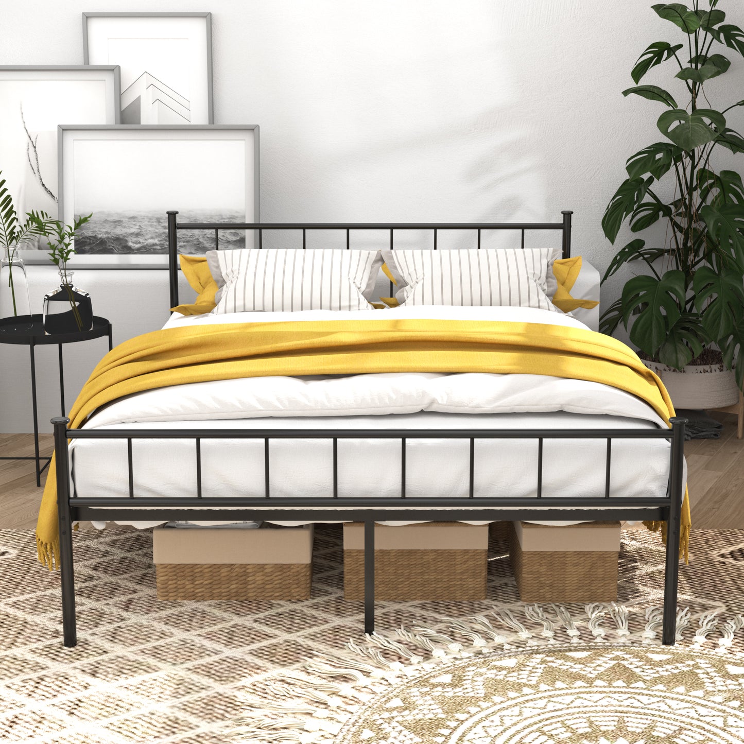 Queen Size Bed Frame with Headboard & Footboard - Black