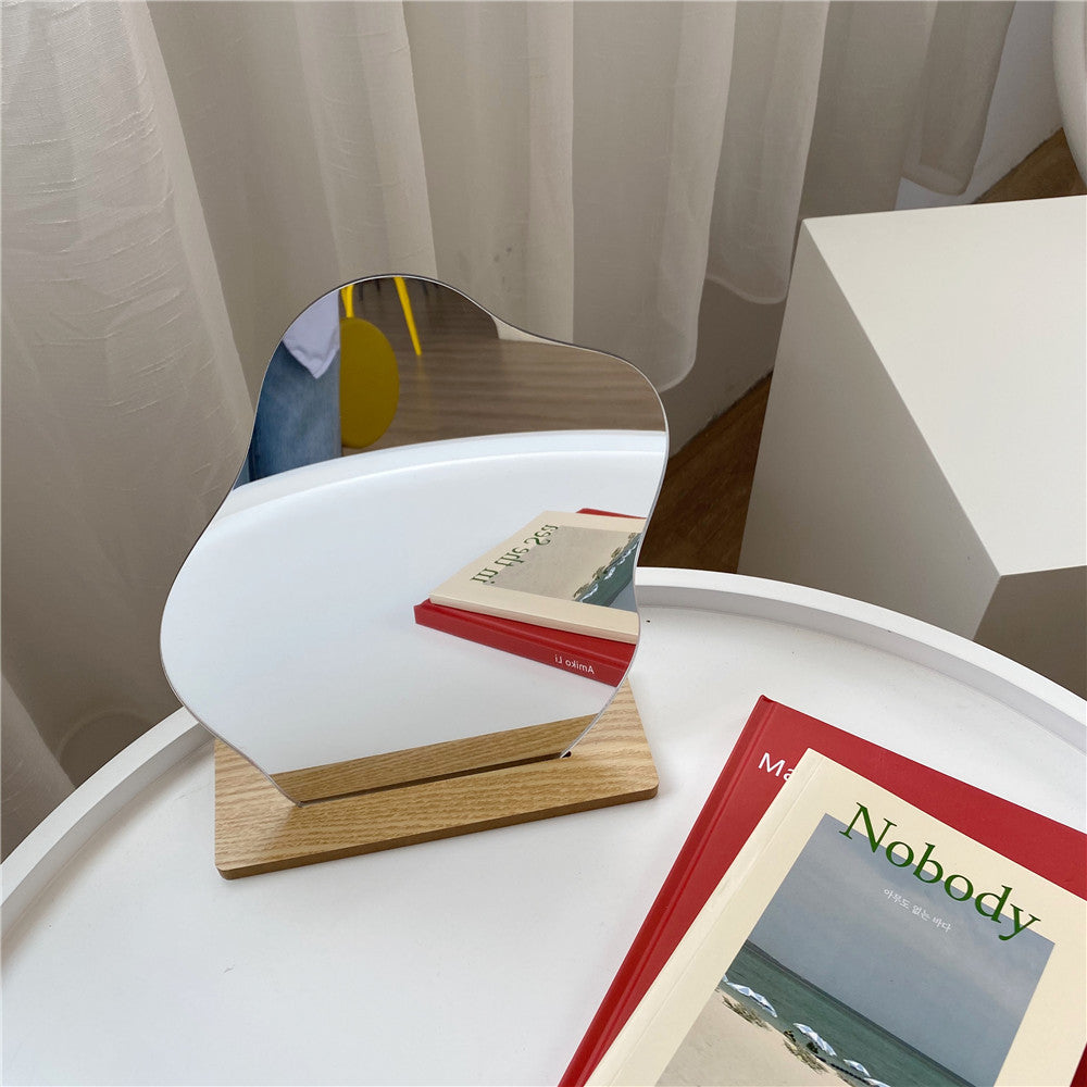 Irregular Acrylic Makeup Mirror with Wooden Base - Decorative Beauty Accessory