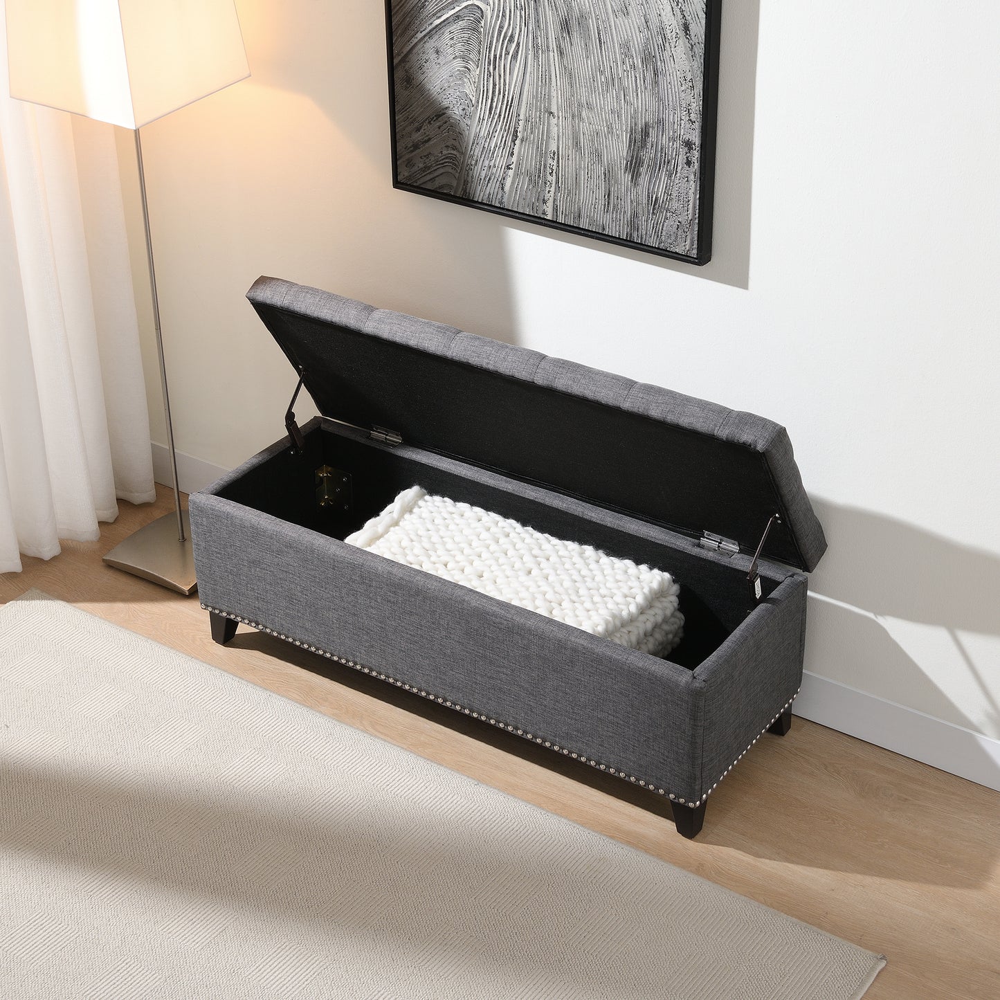47.5 Storage Ottoman, Bench With Safety Close Hinge, Linen