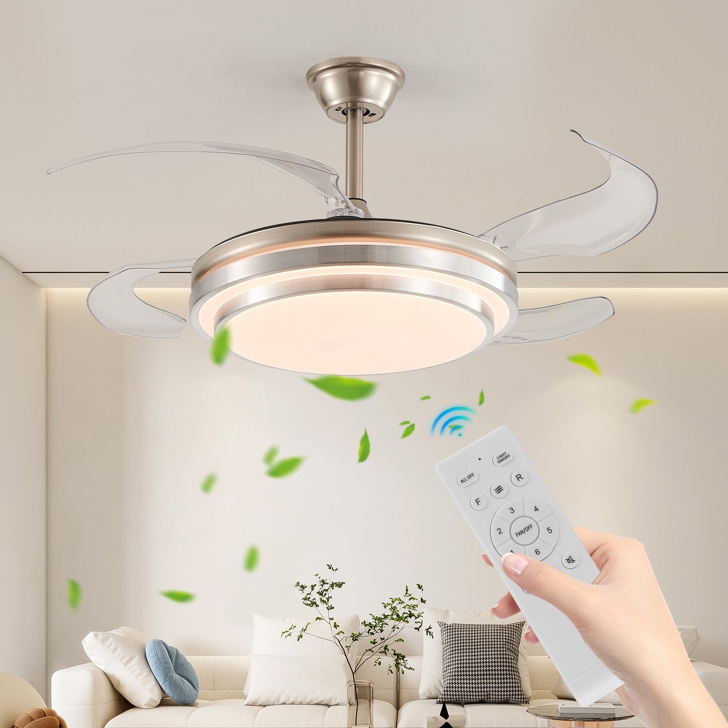 42-Inch Modern LED Ceiling Fan with Remote Control - Retractable Blades, 6-Speed, Quiet Operation