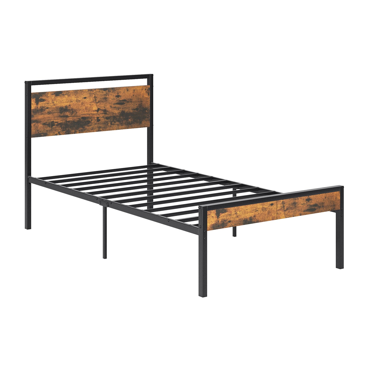 Heavy-Duty Metal Platform Bed with Wooden Headboard and Storage